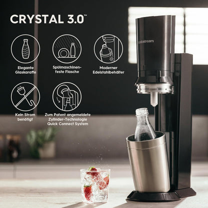 wassersprudler crystal 3.0 quick-connect co2-zylinder und 2x glaskaraffen, silber, schwarz/titan, 45 cm