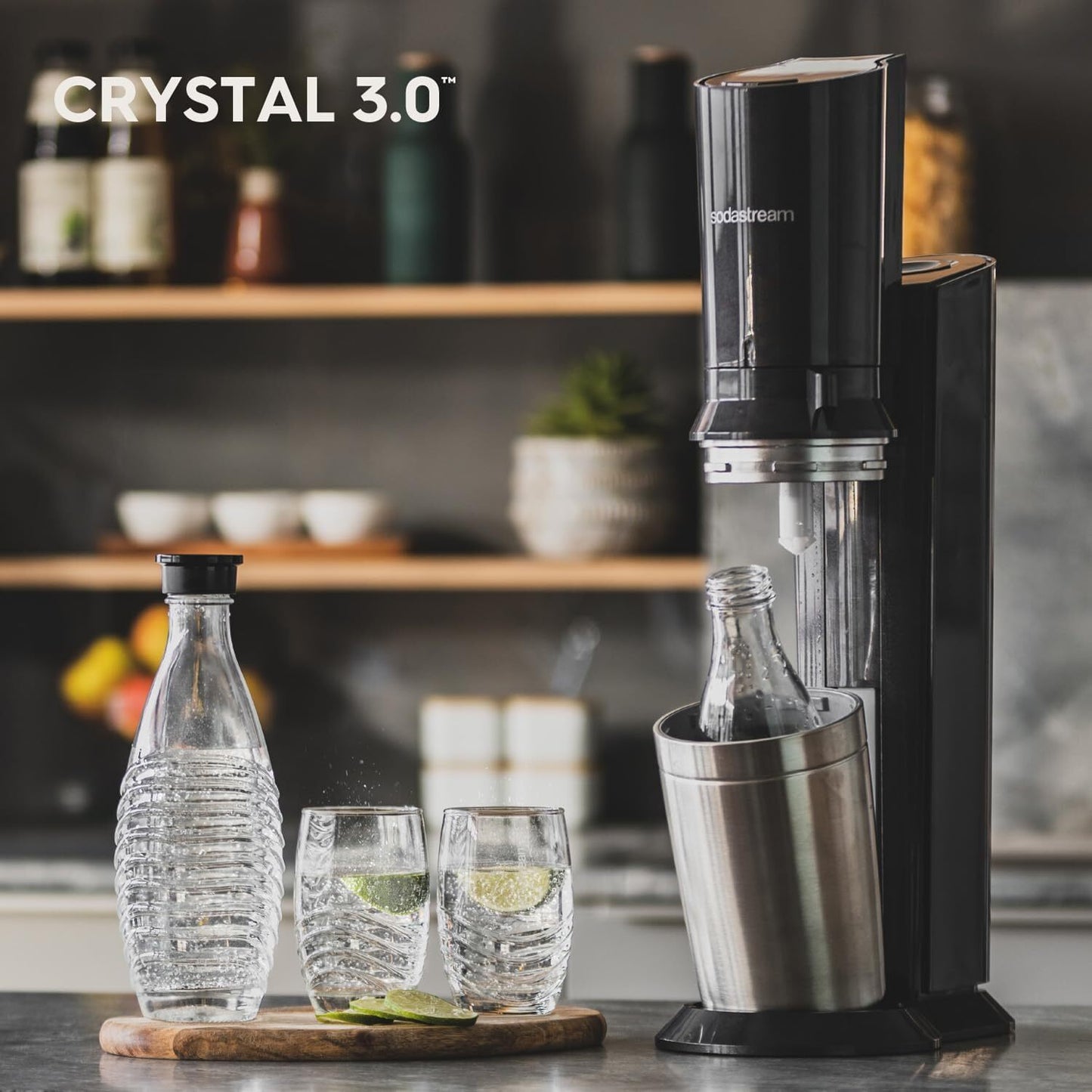 wassersprudler crystal 3.0 quick-connect co2-zylinder und 2x glaskaraffen, silber, schwarz/titan, 45 cm