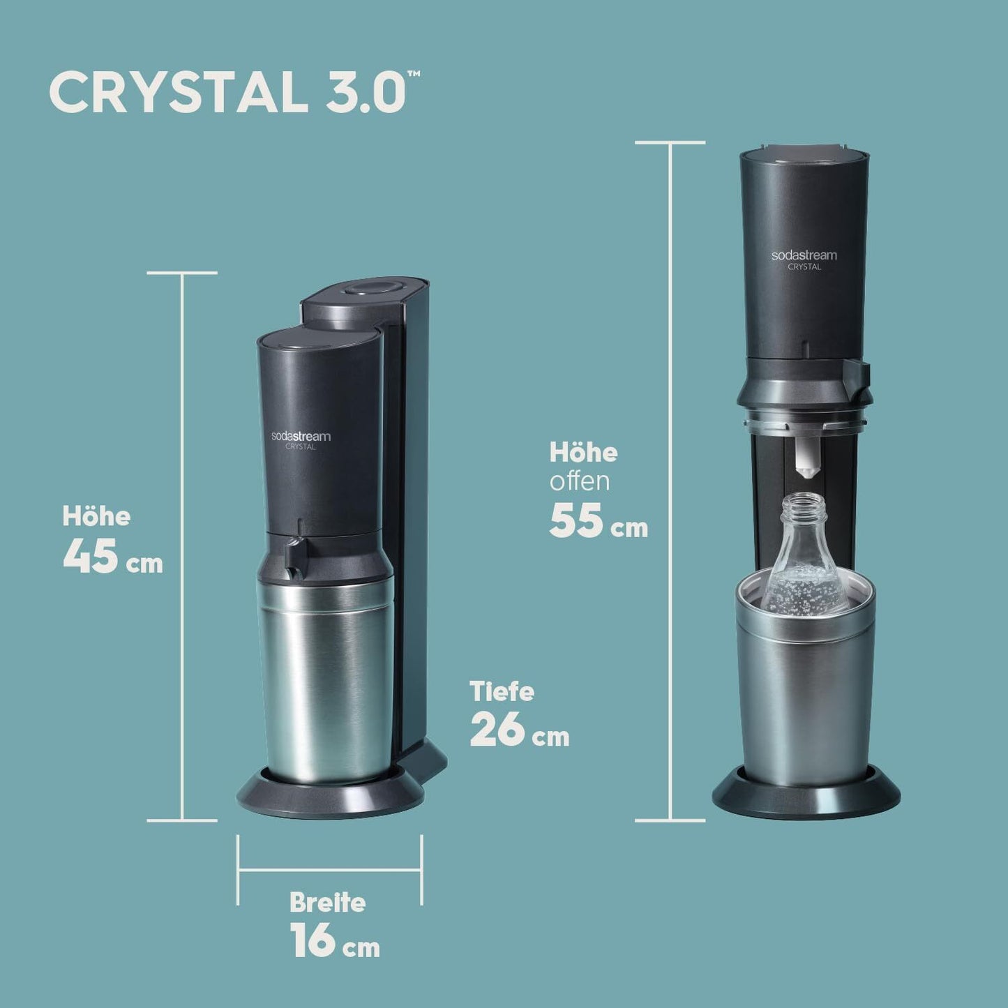 wassersprudler crystal 3.0 quick-connect co2-zylinder und 2x glaskaraffen, silber, schwarz/titan, 45 cm
